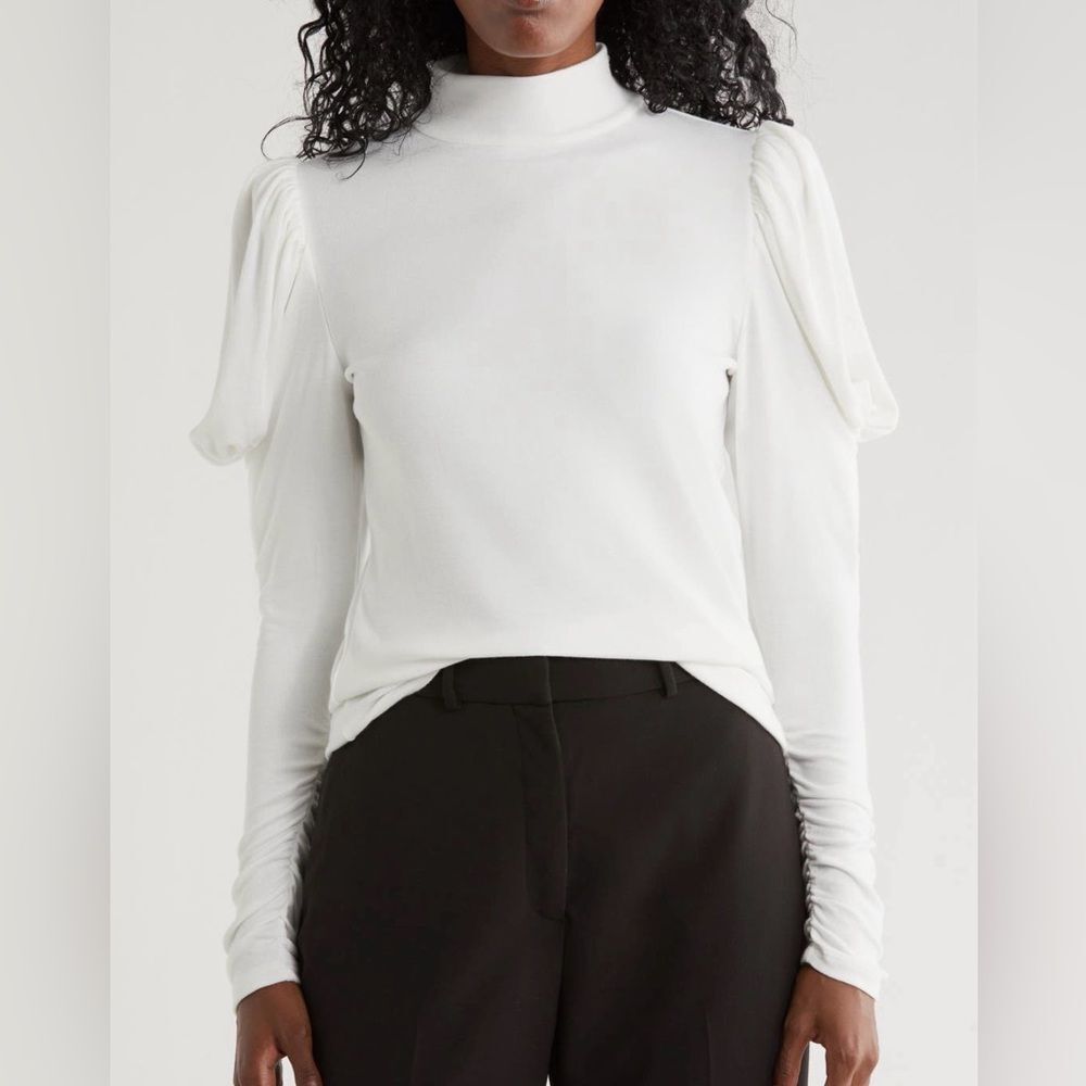 Rebecca Taylor Port Mutton-Sleeve Mock Neck Top White Cotton Blend Long Sleeve M